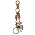 Vintage brass robot keychain with brown leather cord and metal dice pendant charm for men - Robot A