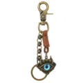 Vintage punk bronze metal keychain with blue evil eye pendant and brown leather strip - Brown Leather