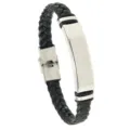 Elegant men's braided black leather bracelet featuring a polished silver stainless steel plate - Black