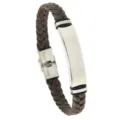 Men's minimalist brown braided leather bracelet featuring a silver stainless steel plate - Brown