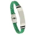 Stylish green braided leather bracelet featuring a polished stainless steel metal plate - Army Green