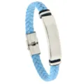 Men's light blue braided leather bracelet featuring a polished stainless steel plate. - Mint Blue
