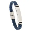 Men's blue braided leather bracelet with engravable silver stainless steel ID plate - Navy Blue