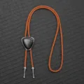 Detailed view of a vintage PU braided Bolo tie with black stone pendant. - Earthy Yellow