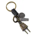 Vintage alloy power plug keychain with leather wrap and engraved metal message tag - Black Leather