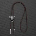 Retro brown braided PU leather bolo tie featuring a silver-toned marbled pendant - Dark Brown