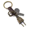 Vintage alloy plug keychain with leather woven pendant in antique bronze metal - Brown Leather
