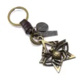 Vintage bronze spider pentagram keychain with woven leather cord detail - Brown Leather Rope Style / Brown