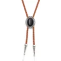 Vintage Western Bolo Tie mit schwarzem Stein und brauner geflochtener Kordel - Hellbraun
