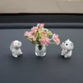 Mini jarrón de coche adorno lindo conejo y gato figuras con flores rosas artificiales salpicadero - Conejo Olfateador + Gato Abrazador / Begonia