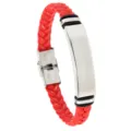 Red braided leather bracelet with silver stainless steel plate for men and women - Burgundy