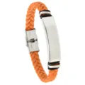 Minimalist orange braided leather bracelet with an engravable stainless steel ID plate - Orange