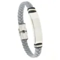Light grey braided leather bracelet for men with a polished stainless steel ID plate - Gray