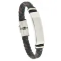 Stylish men's braided leather bracelet featuring a polished stainless steel engravable ID plate. - Black Brown
