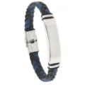 Men's black and blue braided leather bracelet with engravable stainless steel plate - Black Blue