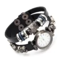 Retro punk black leather bracelet watch with Iron Cross charm and quartz dial for men. - Black