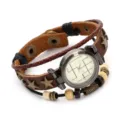 Vintage multi-layer brown leather bracelet watch featuring star studs and beads - Brown