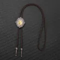 Vintage horse head bolo tie with brown braided leather cord and silver buckle - Dark Brown