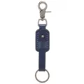 Vintage navy blue cowhide leather keychain with durable metal swivel clip and ring - Blue