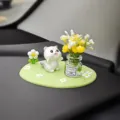 Adorable chat ornement tableau de bord voiture fleur simulation bouteille verre tapis vert déco - Chat Tenant des Fleurs + Vase Jasmin Jaune + Tapis Vert