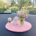 Mignon lapin vase de fleurs tableau de bord de voiture résine guérison décoration intérieure - Lapin Renifleur + Vase Gypsophile Violet + Tapis Rose