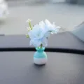 Mini coche flor artificial florero adorno tablero miniatura decoración micro paisaje regalo lindo. - Flor de melocotón azul de hoja grande con jarrón azul y blanco