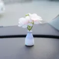 Mini jarrón de flores artificiales para salpicadero de coche decoración diseño bonito - Flor de melocotón rosa claro de hoja grande con jarrón púrpura y blanco