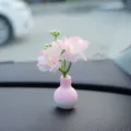 Mini car vase ornament with artificial pink flowers, cute dashboard decor for auto interior use. - Pink-Edged Large-Leaf Peach Blossom with Pink Vase