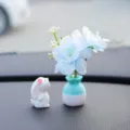 Cute car dashboard mini artificial flower vase and rabbit ornament set for interior decor. - Scented Rabbit with Blue Peach Blossom and Blue-White Vase