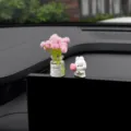 Cute rabbit car dashboard ornament with mini glass flower vase for car interior decor. - Pink Gypsophila + Tulip Rabbit