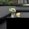 Cute car dashboard ornament set with mini flower vase and adorable animal figurine interior decor - White Jasmine + Daisy Bear