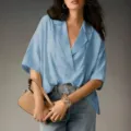 Elegant solid color lapel drop shoulder casual pullover shirt top for women - Blue
