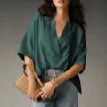 Summer elegant solid color lapel short sleeve loose casual pullover shirt for women. - S / Tops / Green
