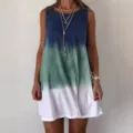 Λεπτομερής όψη γυναικείο αμάνικο casual φόρεμα με ντεγκραντέ τύπωμα στρογγυλή λαιμόκοψη. - S / ανοιχτό πράσινο