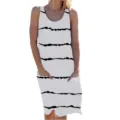 Sommer lässiges gestreiftes Trägerkleid mit Taschen, ärmelloses Rundhals-Design. - S / Weiß
