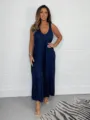 Donna Colore Unito Lino Scollo V Senza Maniche Casuale Largo Gamba Tuta Pantalone - Taglia S / Blu Scuro
