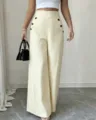 Pantalon large rayé taille haute pour femme, pantalon long décontracté d'été chic avec boutons. - Light jaune