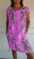 Damen Leinen Baumwolle Kurzarm Blumenmuster Sommerkleid mit Taschen Rundausschnitt Lässig - S / Lila