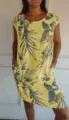 Gelbes Leinen Baumwolle Blumen Print Kurzarm Sommer Kleid mit Taschen fur Damen. - S / Gelb