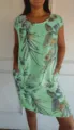 Damen Leinenmischung Kurzarm Botanischer Druck Kleid mit Taschen Sommer Rundhalsausschnitt - S / Grün