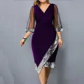 Women velvet sequin mesh midi dress elegant long sleeve party dress evening wear - S / Purple