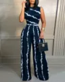 Γυναικεία αμάνικη φόρμα tie dye καλοκαίρι casual slim μακρύ παντελόνι κομψή μόδα - S / Ναυτικό Μπλε Λευκή Ρίγα