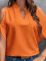Women solid color cold shoulder V-neck short sleeve top elegant summer casual fashion blouse. - S / Orange Red