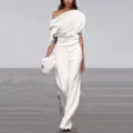 Κομψή ολόσωμη φόρμα με έναν ώμο μονόχρωμη casual στυλ, σχέδιο με φαρδύ μακρύ παντελόνι. - S / Λευκό