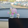 Cute rabbit car dashboard ornament with pink flower vase, healing interior decor SKU item. - Purple & White Peach Blossom + Butterfly Rabbit