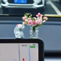 Cute resin rabbit and mini glass flower vase car dashboard ornament for interior decoration. - Pink Peach Blossom + Rabbit