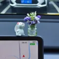 Cute resin bunny figurine with purple flower vase ornament for car dashboard interior decor. - Purple Jasmine + Rabbit