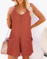 Waffle knit button front sleeveless romper casual summer pocket jumpsuit for women - S / Brick Red