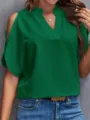 Green cold-shoulder V-neck blouse detail, elegant summer short sleeve women top style. - S / Green