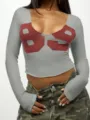 Γυναικείο sexy crop t-shirt μακρυμάνικο σε γκρι χρώμα με εντυπωσιακή κόκκινη στάμπα 89 top. - XS / Tops / Γκρι